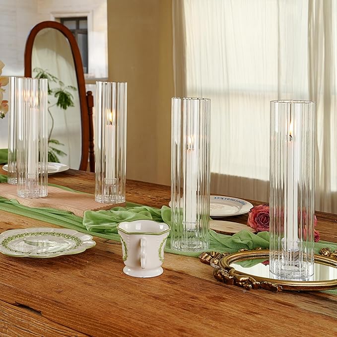 Hurricane Candle Holder Thickened Ribbed Cylinder Covers Taper Candle Sticks Holder Glass Tall Candlesticks Holders Centerpiece for Wedding Dining Table, 4 Pcs