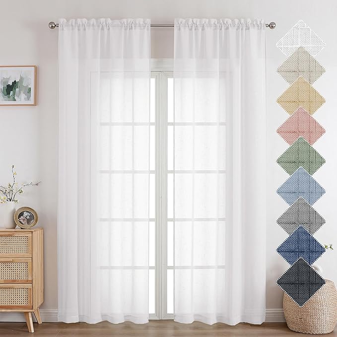 Aiyufeng Kirei Faux Linen White Sheer Curtains 84 Inches Long 2 Panels Set, Light Filtering Slub Textured Farmhouse Rod Pocket Sheer Curtain Drapes for Living Room Bedroom, Each 40Wx84L Inch
