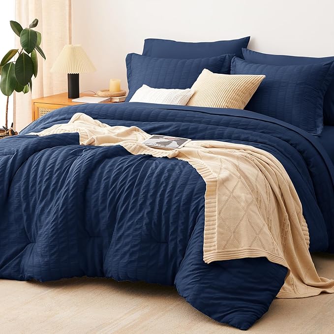 CozyLux Queen Comforter Set Navy Blue Seersucker 7 Pieces Bed in a Bag Queen Comforter Set with Sheets Luxury Soft Bedding Set with Down Alternative Comforter, Sheets, Pillowcases & Shams All Seasons