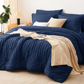 CozyLux Queen Comforter Set Navy Blue Seersucker 7 Pieces Bed in a Bag Queen Comforter Set with Sheets Luxury Soft Bedding Set with Down Alternative Comforter, Sheets, Pillowcases & Shams All Seasons