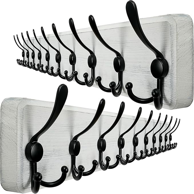 WEBI Wall Mounted Coat Rack, 38 9/16" Long, 10 Hooks, Wood Hanger Rail With Triple Hooks for Hanging Clothes, Jackets - Black/White, 2 Packs