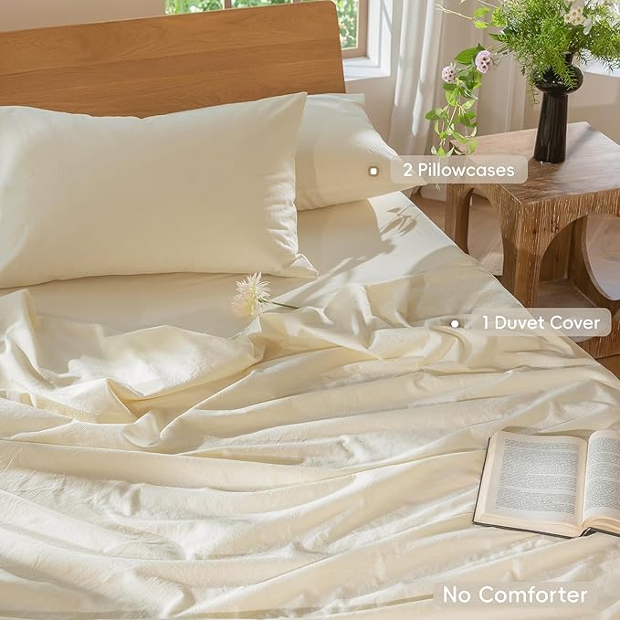 MooMee Bedding Duvet Cover Set 100% Washed Cotton Linen Like Textured Breathable Durable Soft Comfy (Solid Cream White, Super King 108"x98")