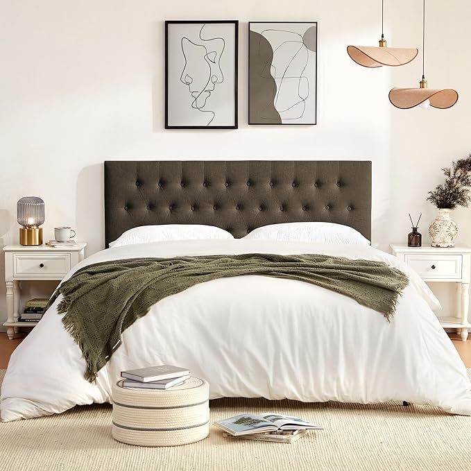Tufted Upholstered Headboard Queen Size, Solid Wood Head Board with Durable Metal Legs, Adjustable Height Bed headboard from 37” to 51” Fabric Headboard in Button Design, Chocolate