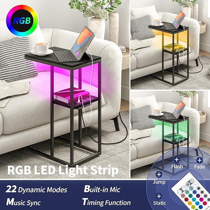 Yoobure LED C Shaped End Table with Charging Station, Small Side Tables for Living Room Bedroom, TV Tray Table with USB Ports and Outlets for Small Spaces, C Table for Couch Sofa, Bed Side Table