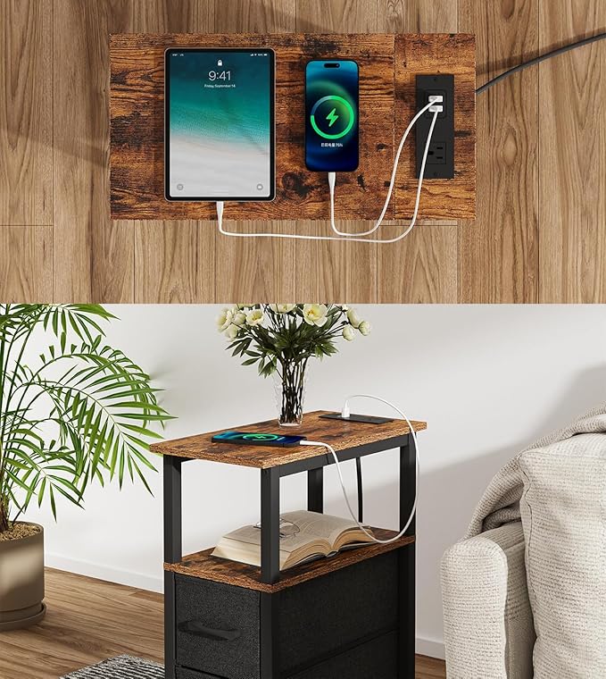 2 Set Narrow Side Table for Small Spaces, Skinny End Table with Charging Station, Sofa Beside Table with 2 Drawers 1 Open Compartment, Slim Nightstand with USB Ports Outlet, Rustic and Brown UTBT004F2