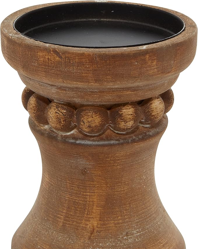 Deco 79 Wood Beaded Pillar Candle Holder, Set of 3 12", 9", 7"H, Brown