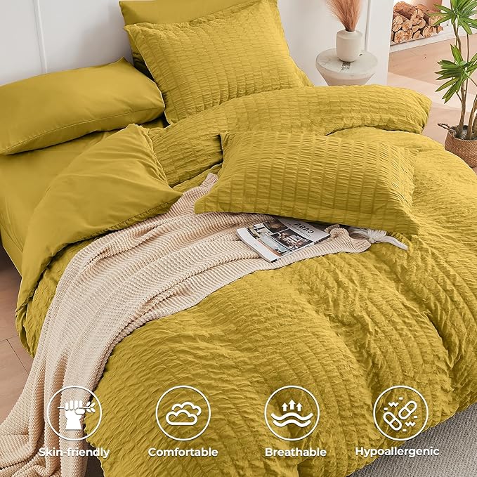HYMOKEGE Mustard Yellow California King Comforter Set Seersucker 7 Pieces, All Season Luxury Bed in a Bag for Bedroom, Bedding Set with Comforter, Sheets, Pillowcases & Shams