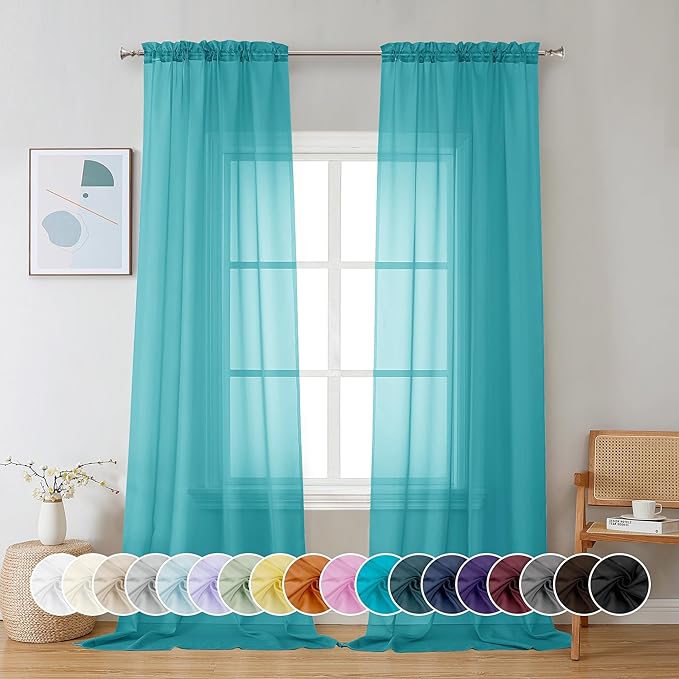 Chyhomenyc Turquoise Sheer Curtains 96 inches Long 2 Panels, Light Filtering Soft Airy Solid Elegant Voile Window Treatment Drapes for Bedroom Living Room Wedding Party Decor, 42 Wx96 L, 8FT L