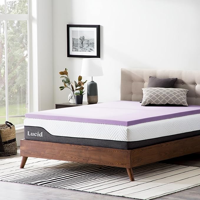 LUCID 2 Inch Lavender Infused Memory Foam Mattress Topper, Queen Size – Ventilated Design – Pressure Relieving Bed Topper - Mattress Pad – CertiPur Certified
