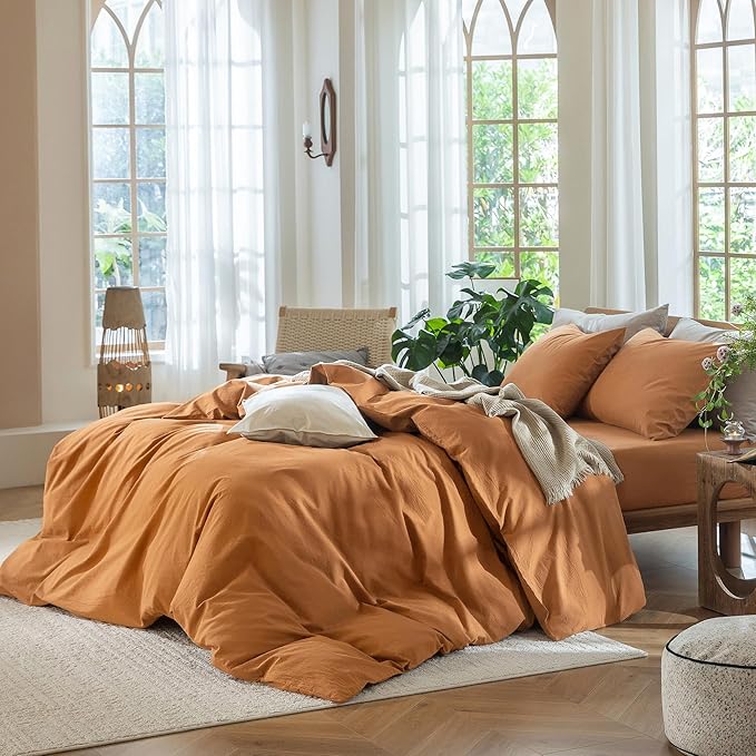 MooMee Bedding Duvet Cover Set 100% Washed Cotton Linen Like Textured Breathable Durable Soft Comfy (Solid Burnt Orange, Palatial King/Oversized King 120"x98")