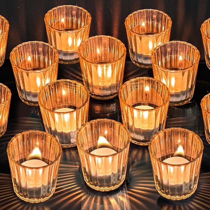 ComSaf Votive Candle Holders, 24 PCS Glass Candle Holders, Ribbed Tealight Candle Holder for Table Centerpieces, Gold Candle Holder for Wedding, Party, Baby Shower, Special Occasions, Fall Home Decor