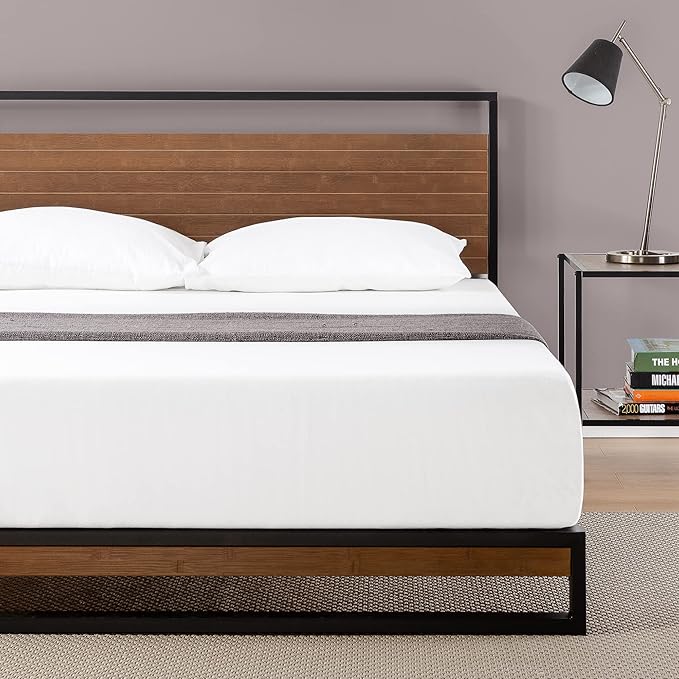 ZINUS Suzanne Bamboo and Metal Platform Bed Frame, 7-Inch Low Profile, Solid Steel Construction, No Box Spring Needed, Wood Slat Support, Easy Assembly, Chestnut Brown, Queen