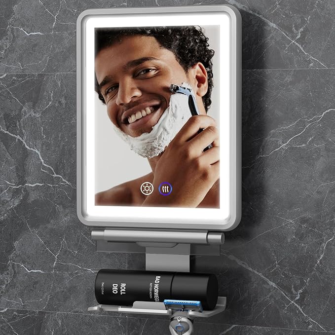 Heated Shower Mirror Fogless for Shaving, 3 Colors Stepless Dimmable Lights Fogless Mirror for Shower, Rechargeable Anti Fog Shaving Mirror for Shower with Razor Holder, Light Memory Function, White