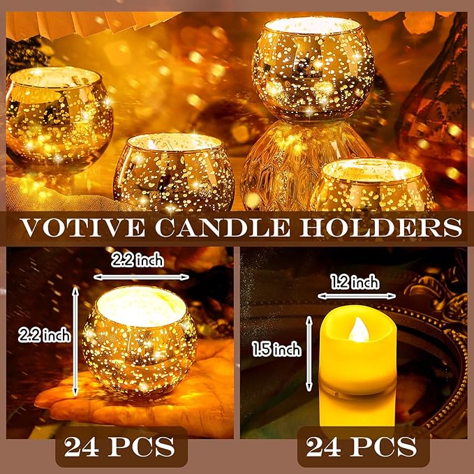 Rtteri 24 Set Votive Candle Holders Wedding Centerpiece Table Decorations Speckled Mercury Glass Votive Candle Holders with Tea Lights Birthday Party Decorations for Home (Gold)