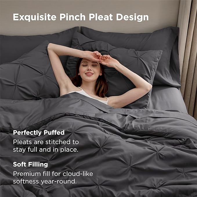 Bedsure California King Comforter Set - Bed in a Bag Cal King Bedding Set 7 PCS, GentleSoft™ Pintuck Bed Set Gift for Family, Pinch Pleat Dark Grey Comforter with Sheets, Pillowcases & Shams