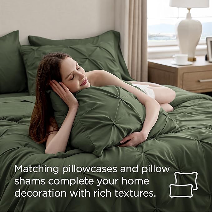 Bedsure Oversized King Comforter Set Olive Green - Bed in a Bag Bedding Set 7 Pieces, GentleSoft™ Pintuck Bed Set Gift for Family, Pinch Pleat Olive Green Comforter with Sheets, Pillowcases & Shams