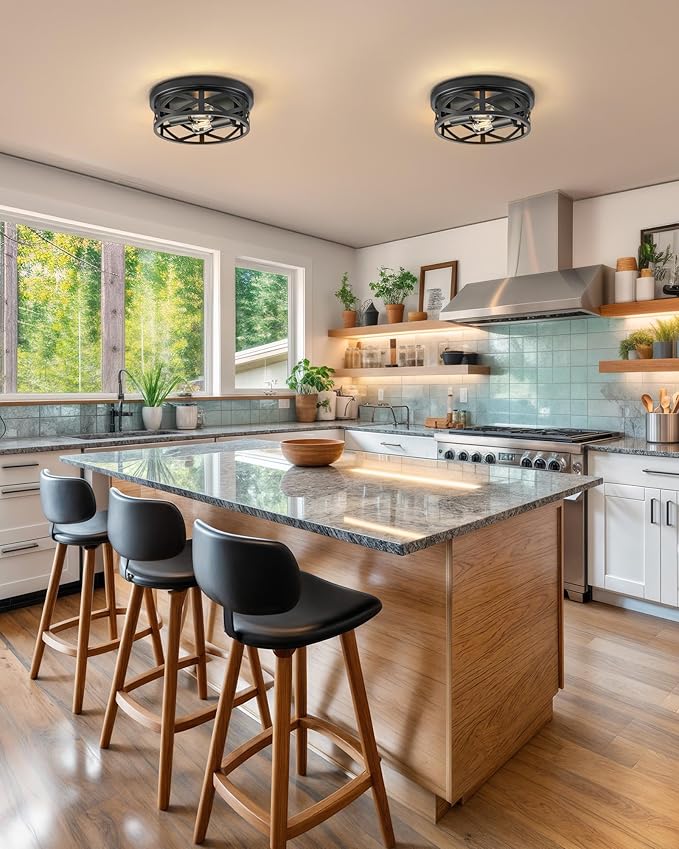 VONLUCE Flush Mount Ceiling Lights, 2-Light Hallway Ceiling Lighting Fixtures, 11 inch Farmhouse Metal Cage Ceiling Lights for Entryway Kitchen, Adjustable Lamp Holders, ETL, 2 pcs, Black