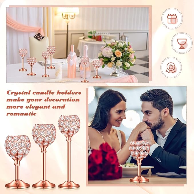 Qunclay 18 Pieces Crystal Candle Holders Bulk Candle Stick Holder Centerpieces for Table Wedding Centerpieces Crystal Decorative Tealight Dining Table Decor for Party(Rose Gold)