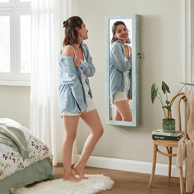 SONGMICS 6 LEDs Mirror Jewelry Cabinet, 47.2-Inch Tall Lockable Wall or Door Mounted Jewelry Armoire Organizer with Mirror, 2 Drawers, Christmas Gift, 3.9 x 14.6 x 47.2 Inches, Rustic Green