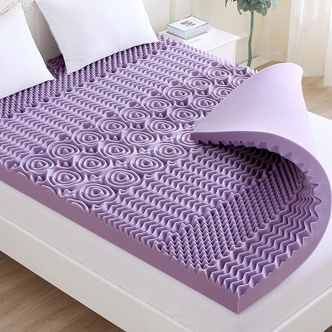 MUXHOMO 3.9 Inch 7-Zone Queen Mattress Topper, Egg Crate Foam Mattress Topper Queen Size for Back Pain, Lavender Cooling Gel Infused Bed Pad, CertiPUR-US and Oeko-TEX Certification (60"×80")