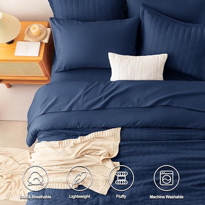 CozyLux Queen Comforter Set Navy Blue Seersucker 7 Pieces Bed in a Bag Queen Comforter Set with Sheets Luxury Soft Bedding Set with Down Alternative Comforter, Sheets, Pillowcases & Shams All Seasons