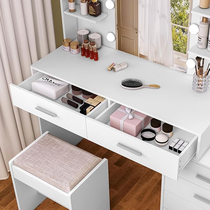Quimoo 48" Large Vanity Desk with Mirror & Lights, Makeup Vanity Table with 6 Drawers & Power Outlet, 6 Open Storage Shelves, Vanity Desk Set with Stool, for Women Girls, White