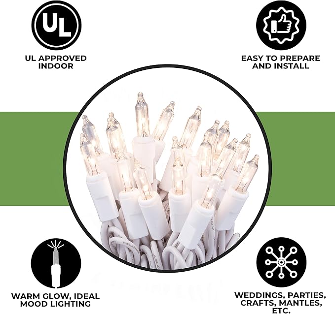 612 Vermont Clear 35 Count Christmas String Lights on White Wire Cord, UL Approved for Indoor Use Only, Total Length 7.5 Foot, Lighted Length 6.1 Foot