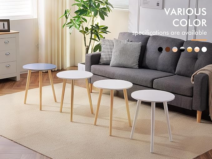 Apicizon Round Side Table Set of 2, White Nightstand Coffee End Table for Living Room, Bedroom, Small Spaces, Morden Side Table Home Decor Bedside with Wood Legs 16.5 Inches