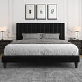 Allewie King Bed Frame/Velvet Upholstered Bed Frame with Vertical Channel Tufted Headboard/Strong Wooden Slats/Platform Bed Frame/Mattress Foundation/Box Spring Optional/Easy Assembly/Black