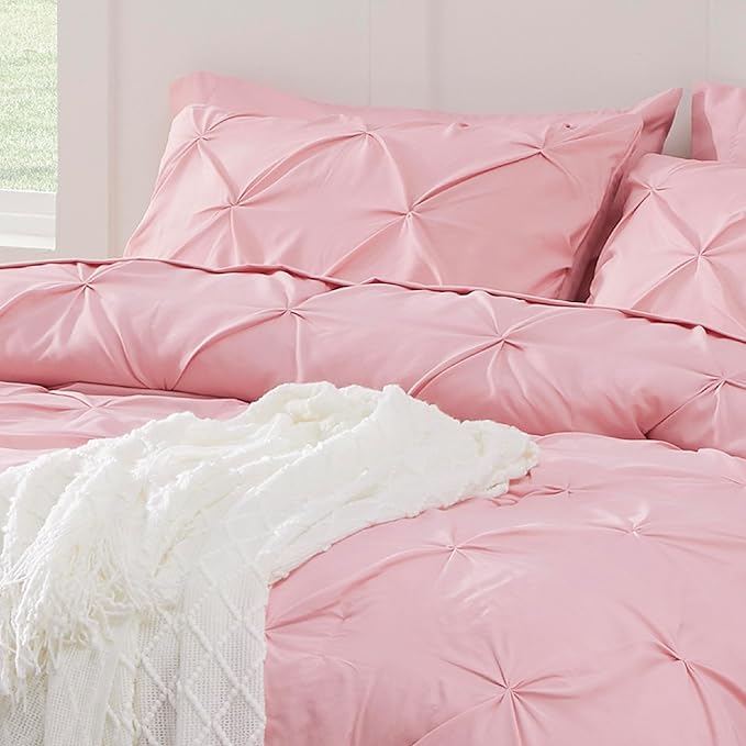 Bedsure Twin Comforter Set Baby Pink - Bed in a Bag Twin Size Bedding 5 Pieces, GentleSoft™ Pintuck Bed Set Gift for Family, Pinch Pleat Pink Comforter with Sheets, Pillowcase & Sham