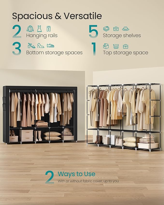 SONGMICS Portable Closet, Wardrobe Closet Organizer with Cover, 5 Hanging Rods and Shelves, 4 Side Pockets, 17.7 x 83 x 65.7 Inches, Large Capacity for Bedroom, Living Room, Ink Black URYG095B01
