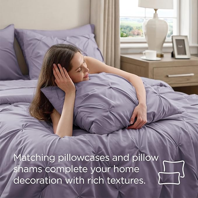 Bedsure King Size Comforter Set Grayish Purple - Bed in a Bag Bedding Set 7 Pieces, GentleSoft™ Pintuck Bed Set Gift for Family, Pinch Pleat Grayish Purple Comforter with Sheets, Pillowcases & Shams