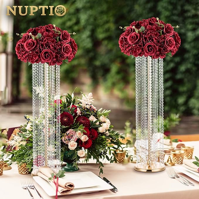 Nuptio Flower Balls for Wedding Centrepieces - 2 Pcs 15.7 inch Diameter Large Burgundy Artificial Flowers Roses Ball Fake Flower Arrangement Bouquet Faux Rose for Wedding Party Centrepiece Decorations