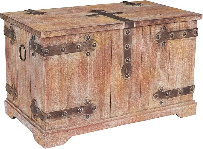 Household Essentials 2 Piece Decorative Trunks, Victorian Set, Small and Large, Chinese Fir Wood, Aged-Wood Finish with Metal Accents, Fully Opening Lid, Stout Design, Ring Handles