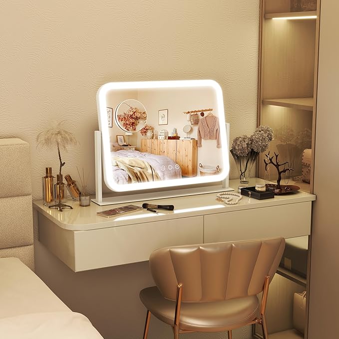 FENNIO Vanity Mirror with Lights 17''x13'' Makeup Mirror with Lights,Vanity Mirror Touch Screen with 3-Color Lighting,Dimmable,for Vanity Desk Tabletop White