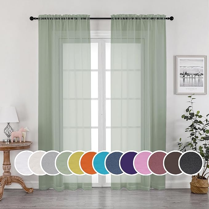 OWENIE Sage Green Sheer Curtains 96 Inches Long 2 Panels Set, Elegant Sheer Curtains for Bedroom Living Room, 2Pcs Each 42" W x 96" L,Total Wide 84 Inch, Sage Green