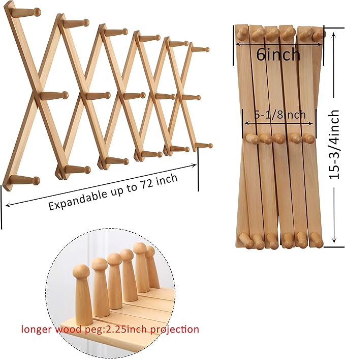 WEBI Accordion Wall Hanger,Expandable Wooden Hat Rack for Wall Mounted Coat Rack,Accordion Hat Hooks Holder for Baseball Caps,17 Peg,Natural,2 Packs
