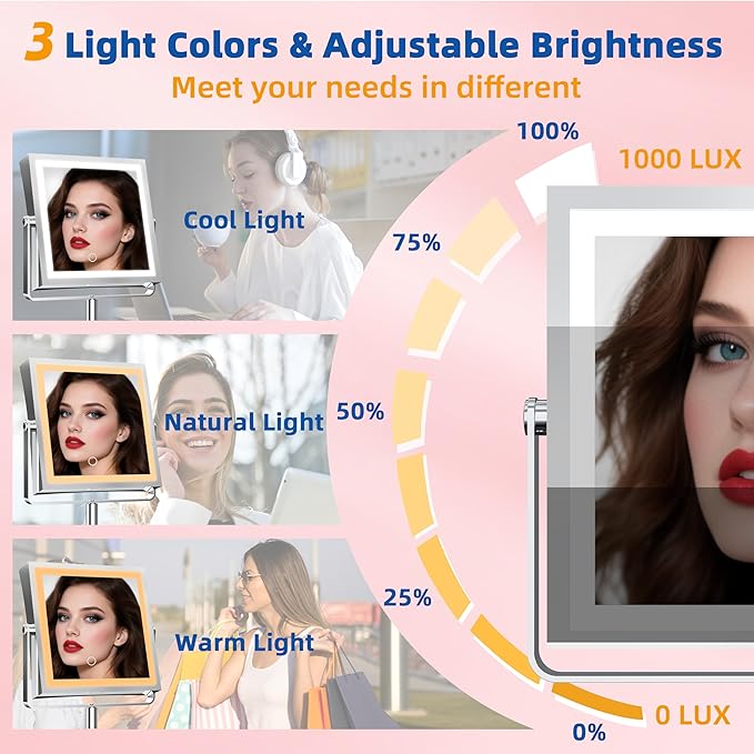 Ruacq Rechargeable Makeup Mirror, 4000mAh Lighted Makeup Mirror with Magnification 1X/10X, Height Adjustable Vanity Mirror with Lights, 3 Color Lights, Adjustable Brightness, 360°Rotation (Chrome)