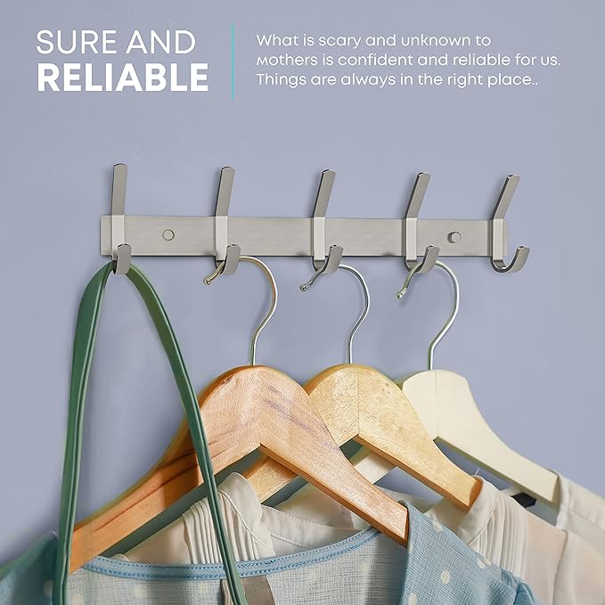 Coat Rack Wall Mount – Brushed Nickel 15 Inch Stainless Steel Hook Rail with 5 Heavy Duty Double Coat Hooks – Wall Mounted Coat Hanger for Entryway, Bathroom, Bedroom, Towel, Hat Organizer - 2 Pack