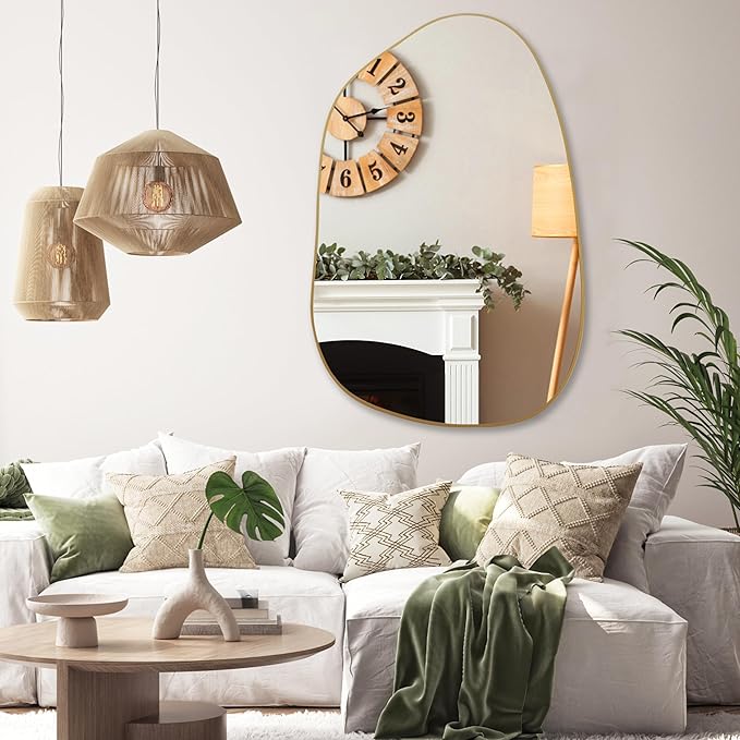 PERFNIQUE Irregular Wall Mirror Asymmetrical Mirror, 40''x26'' Gold Mirror for Bathroom Bedroom Living Room Entryway, Decorative Modern Wall Decor, Wall Mounted (Gold, 40" x 26")