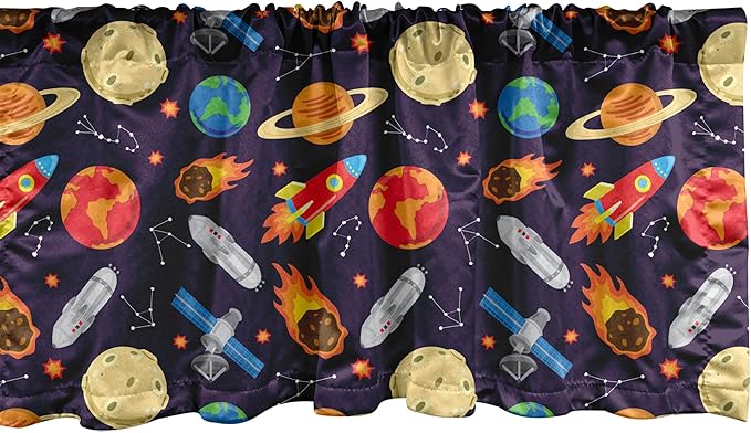 Ambesonne Space Window Valance Pack of 2, Universe Themed Illustration with Earth Moon Constellations Saturn Rockets Stars, Rod Pocket Curtain Valances for Kitchen Bedroom, 42" X 18", Dark Night Blue