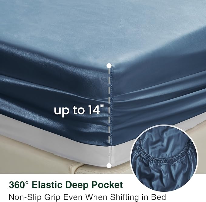 Love's cabin Satin Queen Sheets Set - 4 Piece Ash Blue Silky Bed Sheets Set with Deep Pocket, Luxury Silk Feel Satin Queen Size Sheet Set (1 Flat Sheet,1 Fitted Sheet,2 Pillow Cases)