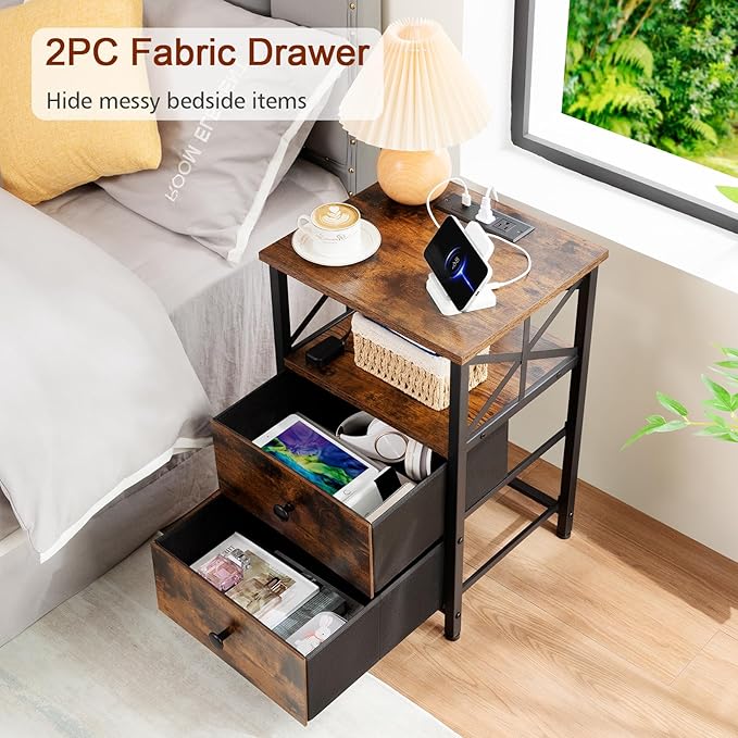 AMHANCIBLE Night Stand Set 2, LED Nightstand with Charging Station, End Tables Living Room with Fabric Drawers, Bedside Table for Bedroom, Rustic Brown, HET052LBR