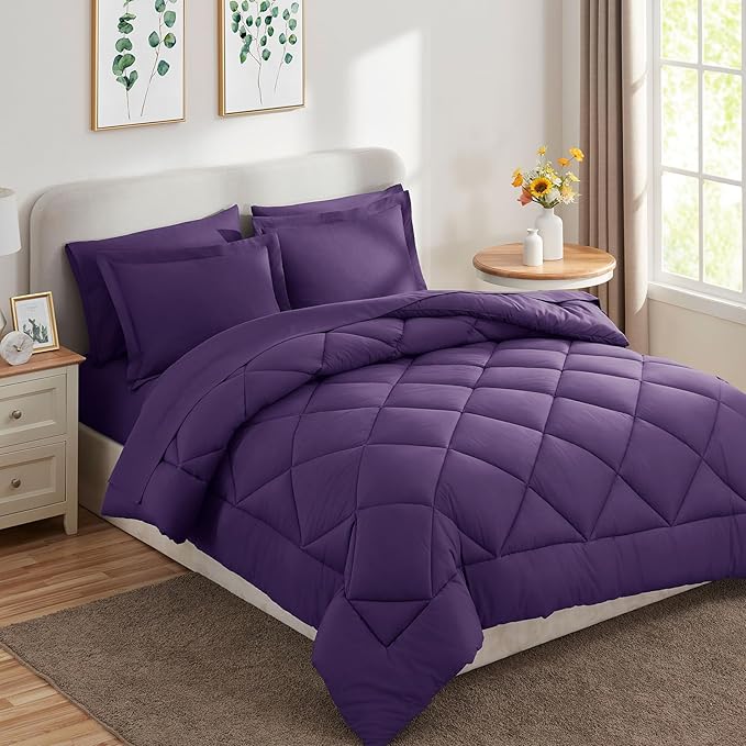 CozyLux Queen Comforter Set Purple - Bed in a Bag Queen Size 7 Pieces, Luxury Soft Bed Set for All Seasons, Bedding Set with Down Alternative Comforter, Sheets, Pillowcases & Shams
