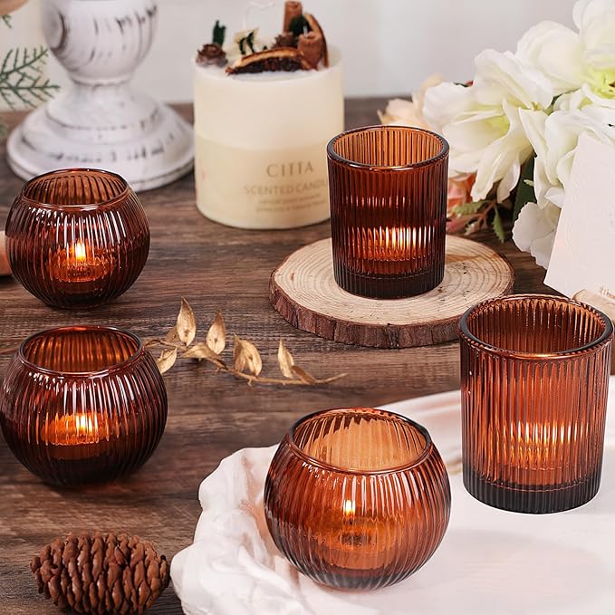 Amber Votive Candle Holders Set of 10, Round Amber Candle Holders Bulk for Tea Light Candle, Fall Centerpieces for Tables, Ribbed Candle Votives for Wedding, Various Parties & Vintage Decor & Gift