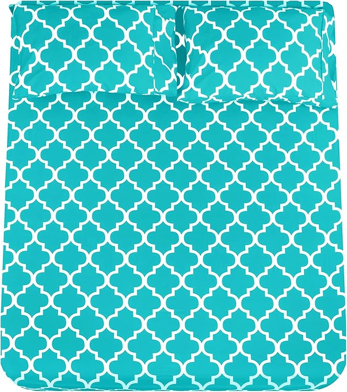 Mejoroom Full Bed Sheet Set - Super Soft Brushed Microfiber 1800 Thread Count Sheets with 16 inch Deep Pocket - Wrinkle Free - 4 Piece(Full, Aqua Quatrefoil with White Pattern)