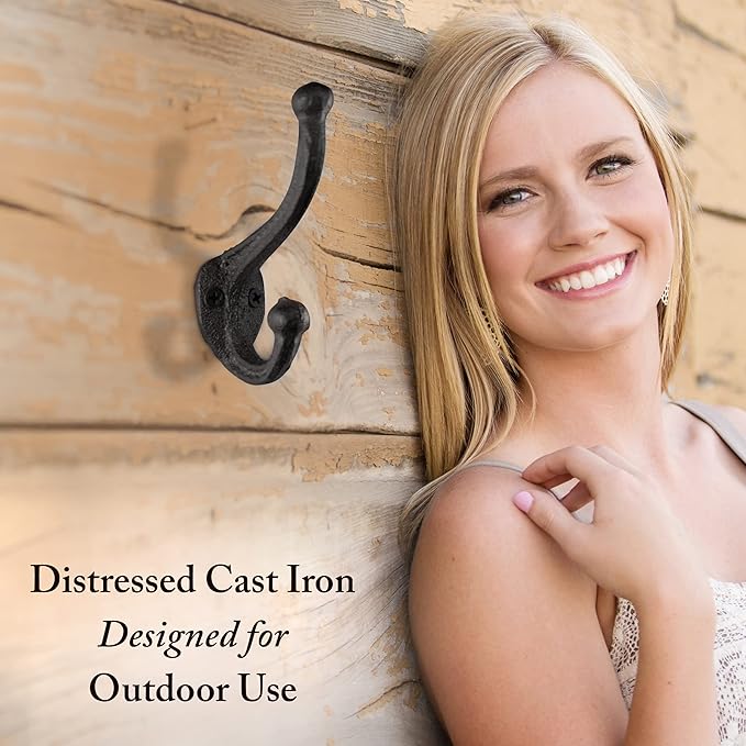 Rustic Cast Iron Coat Hooks (10 Pack) Wall Mounted Farmhouse Decorative Wall Hooks, Vintage Hooks for Hanging Coats, Bags, Hats, Towels (Antique Black)
