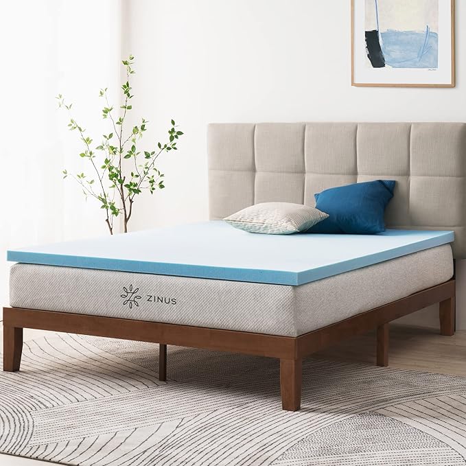 ZINUS 2 Inch Green Tea Cooling Gel Memory Foam Mattress Topper, Cooling Gel Foam, CertiPUR-US Certified, Queen, Blue