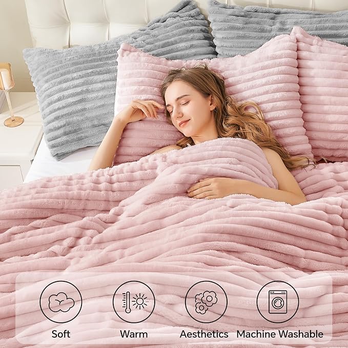 BEDELITE Fleece Twin Comforter Set -Super Soft & Warm Fluffy Pink Bedding, Luxury Fuzzy Heavy Bed Set for Winter with 1 Pillow case