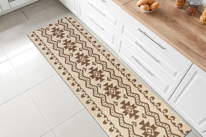 Custom Length Cut to Size Tribal Ethnic Southwestern Inspired Hallway Runner Rug, Non Slip Rubber Backed, 31 inch Wide X Customized Length, Aztec Beige, 31 inch X 10 feet